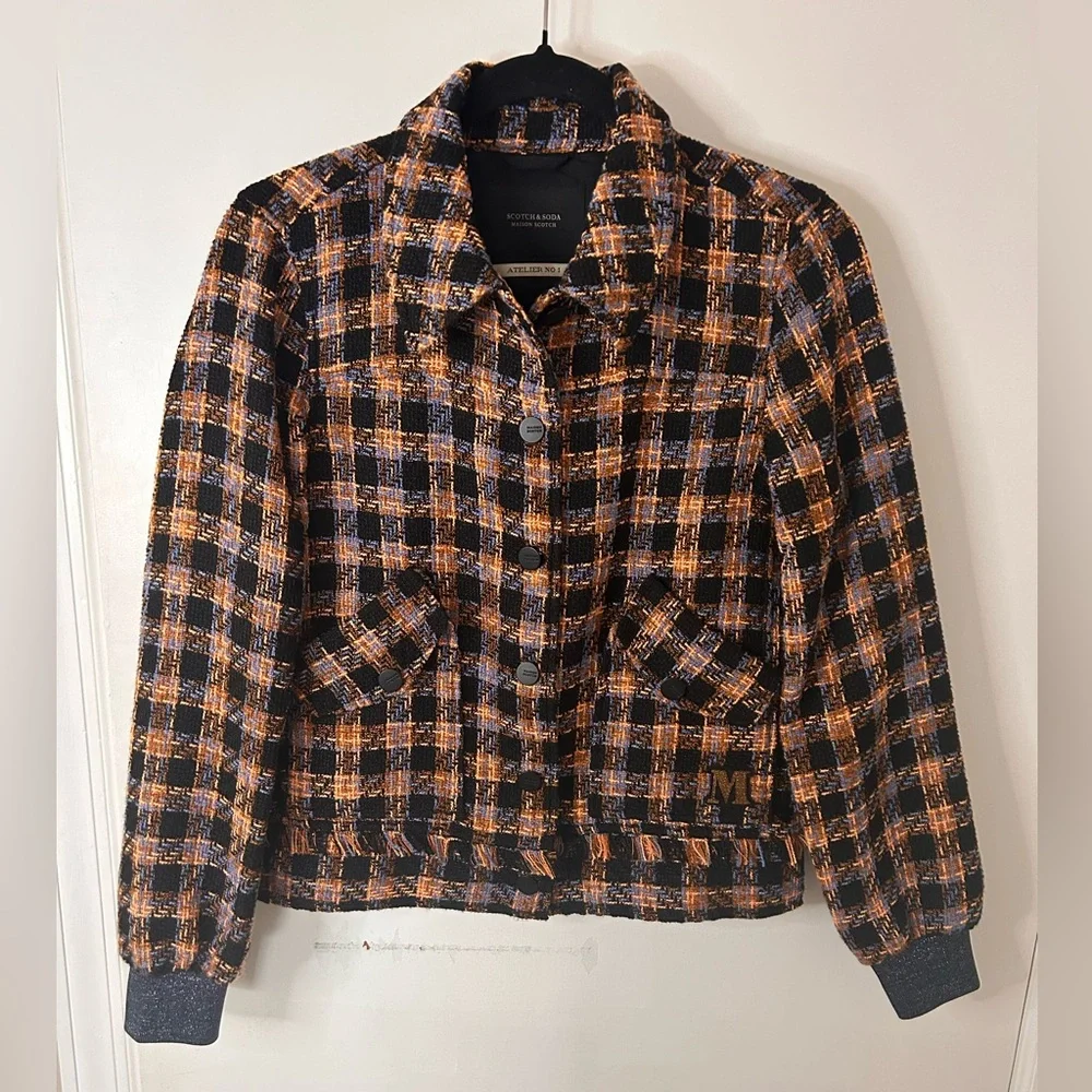 SCOTCH & SODA TWEED BOXY CHECKERED BUCLE BLACK AND ORANGE JACKET - Picture 1 of 11